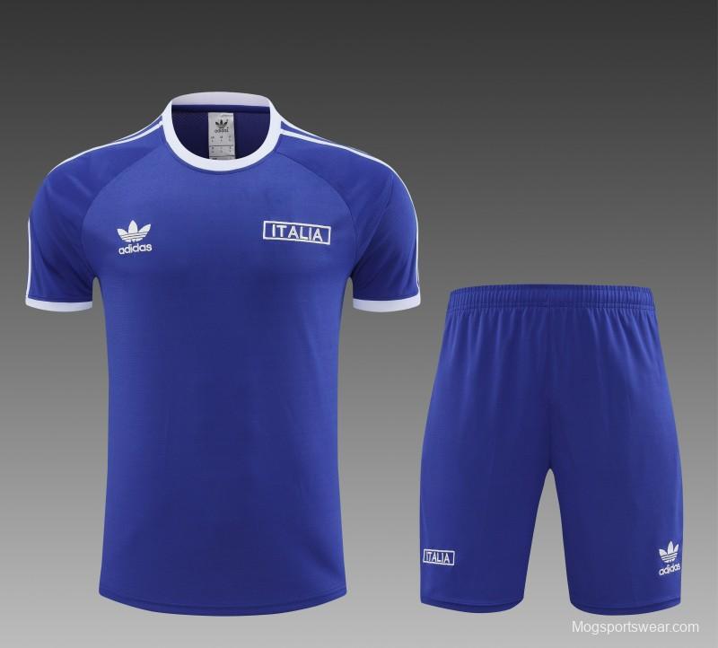 2024 Italy Blue Cotton Short Sleeve Jersey+Shorts